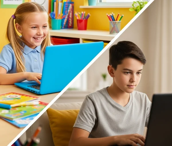 Students of different ages happily practicing typing skills