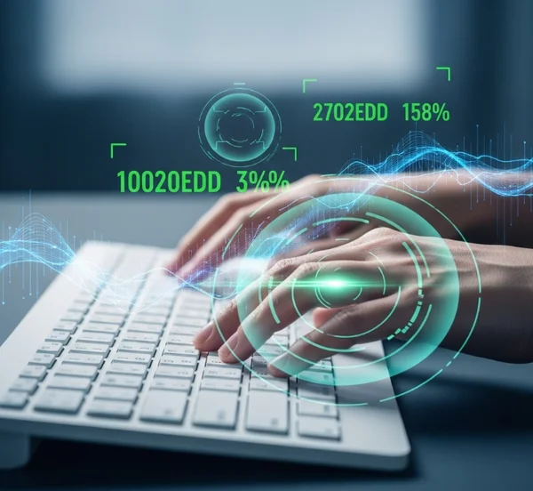 Hands typing quickly on a keyboard with blurred screen