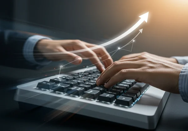 Pessoa digitando rapidamente, teclado com teclas brilhantes, impulso na carreira