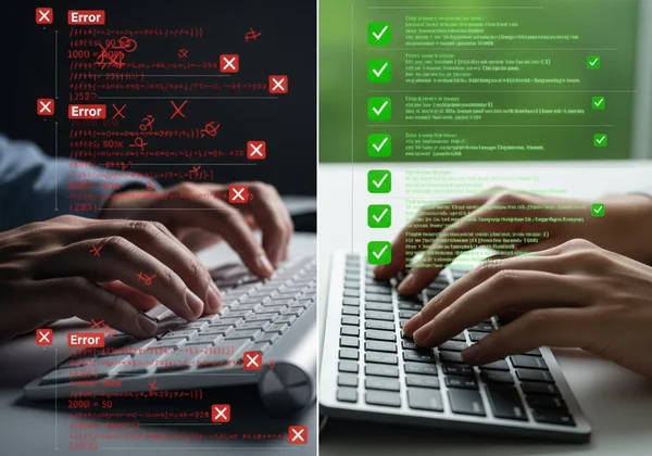 Mãos exibindo digitação desorganizada vs. precisa