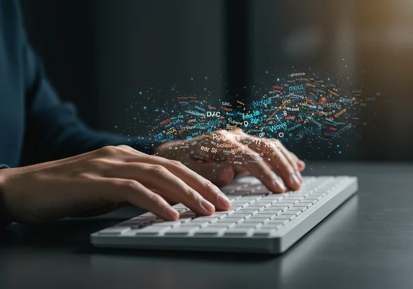 Pessoa digitando em um teclado com texto personalizado sobreposto