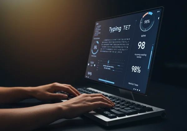 A person taking an online typing test, screen shows accuracy.
