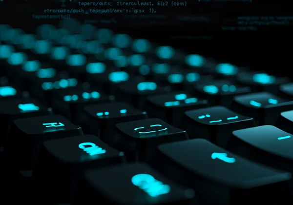 Keyboard with glowing special characters for coding.