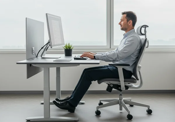 Person comfortably typing at an ergonomic workstation.