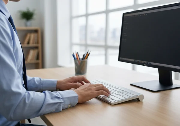 Ergonomic typing posture with hands on keyboard home row.