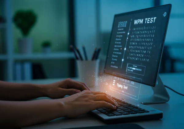 Person taking an online WPM test, screen shows scores.