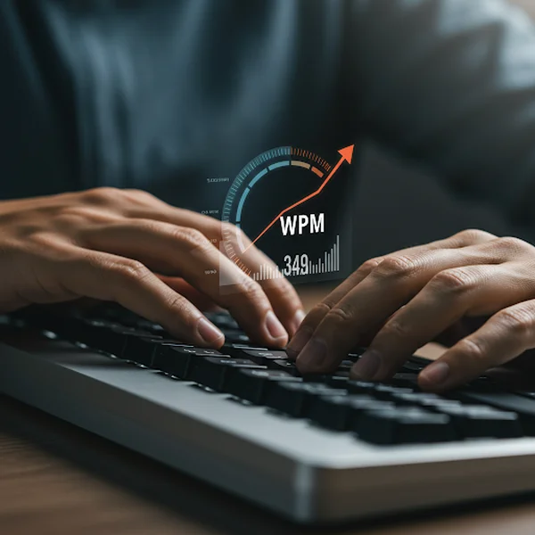 Hands typing on keyboard with WPM speed gauge overlay