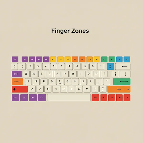 Color-coded map showing finger zones on QWERTY keyboard