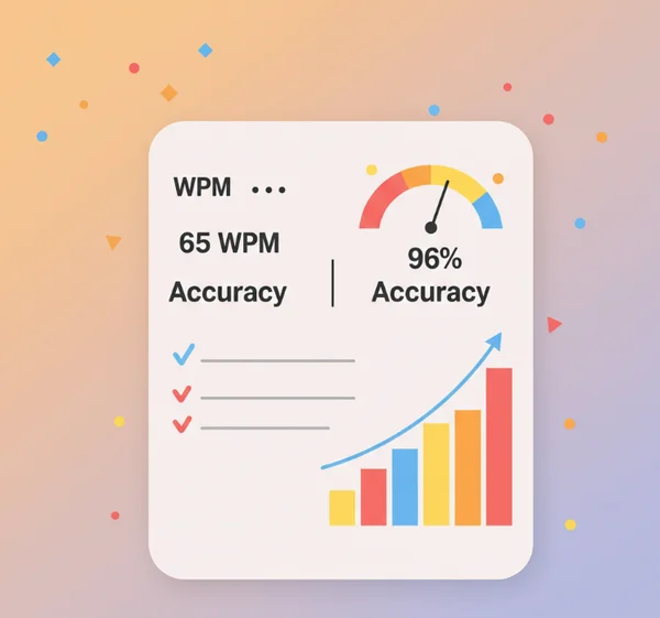 Stylized typing test result screen showing WPM and accuracy