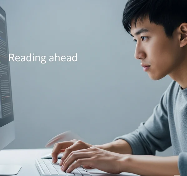 Typist focused on screen, reading ahead for faster typing