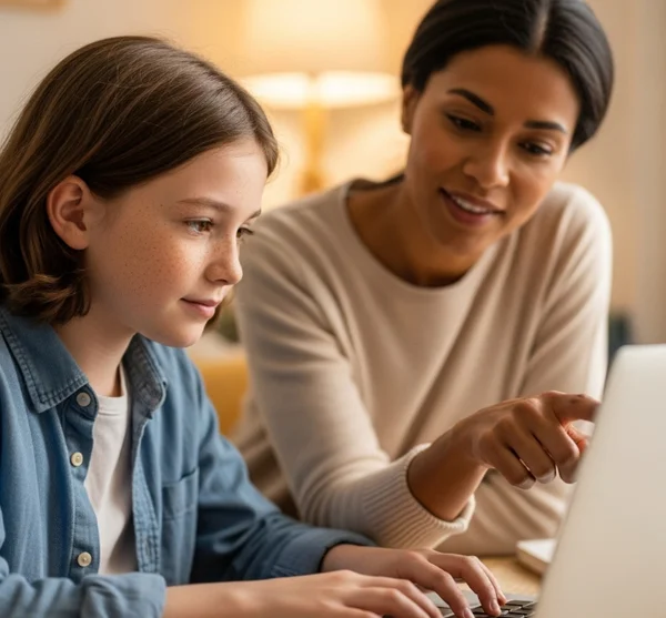 Parent guiding child with typing practice on computer