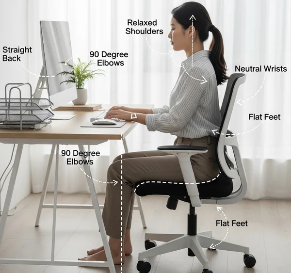 Correct ergonomic typing posture at a desk setup
