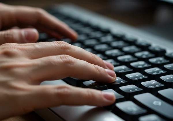 Hands on QWERTY keyboard showing home row finger placement.