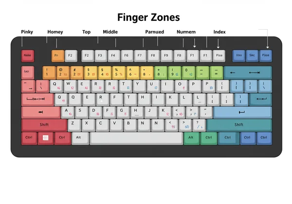 Color-coded keyboard diagram showing finger responsibilities.