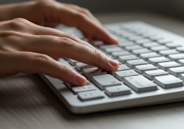 Hands demonstrating correct home row finger placement on a keyboard.
